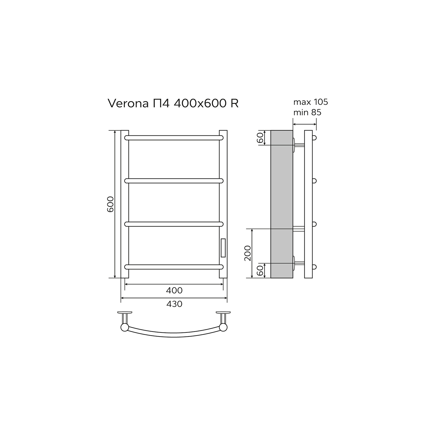 Полотенцесушитель электрический AZARIO VERONA 400/600 4 секции, диммер справа, хром (AZ04846) — изображение 5