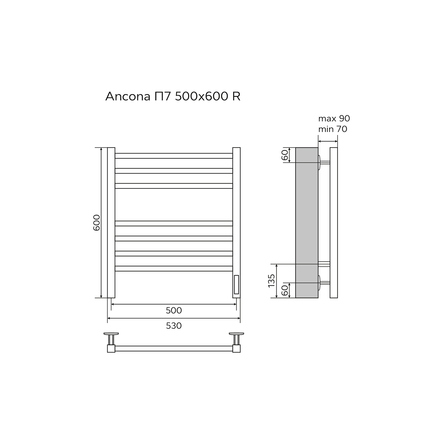 Полотенцесушитель электрический AZARIO ANCONA 500/600 квадрат, 7 секций, диммер справа, белый (AZ71856W) — изображение 5