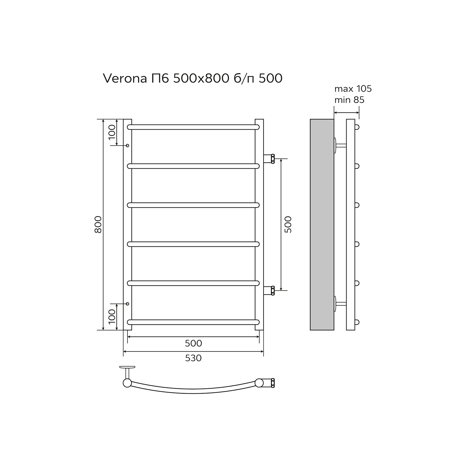 Полотенцесушитель водяной AZARIO VERONA 500/800 6 секций, боковое подключение, 1", хром (AZ04558) — изображение 5