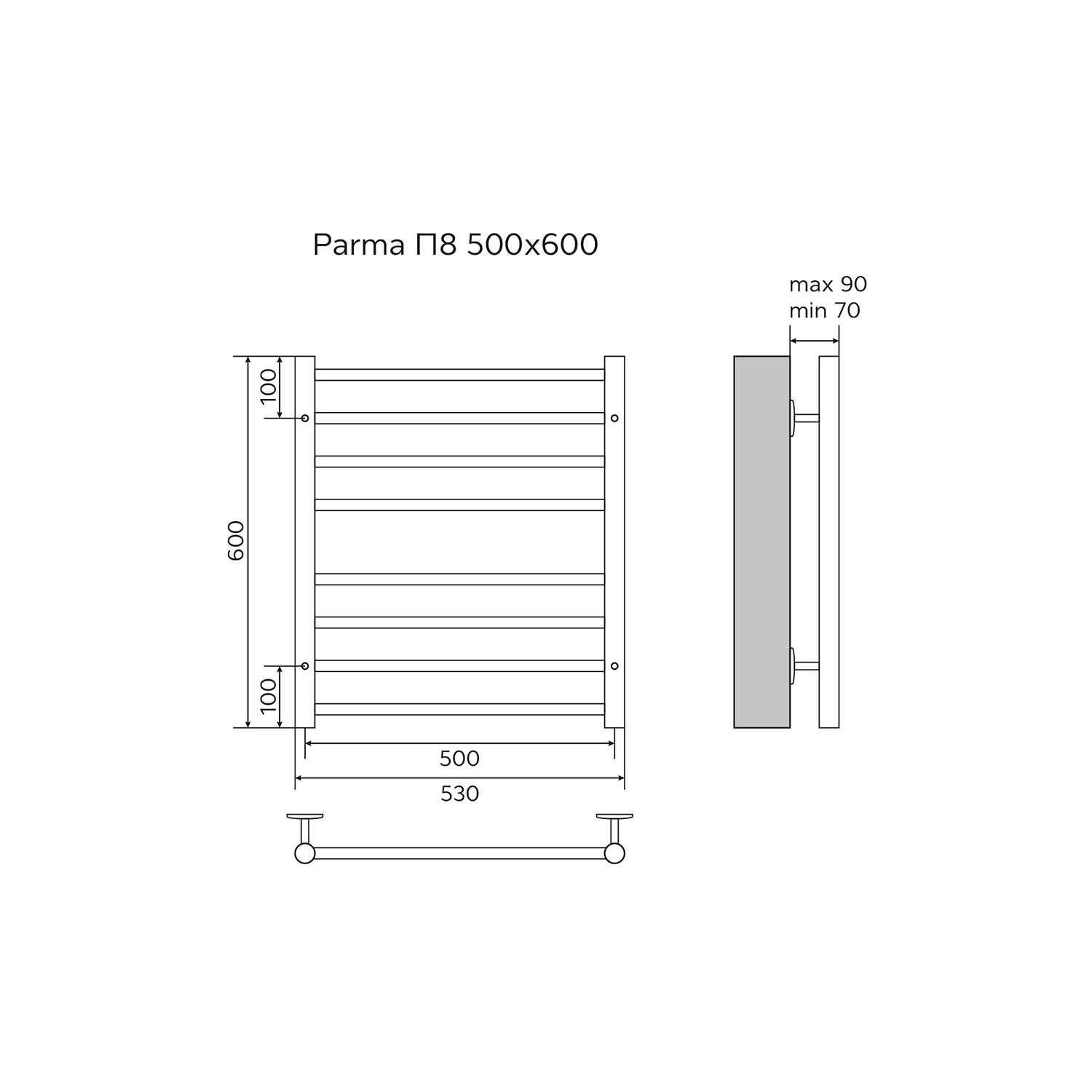 Полотенцесушитель водяной AZARIO PARMA 500/600 8 секций, нижнее/диагональное подключение, 1/2", хром (AZ10156S) — изображение 5