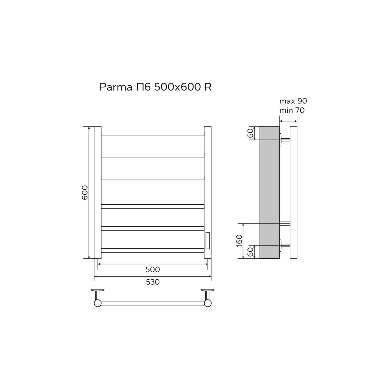Полотенцесушитель электрический AZARIO PARMA 500/600 6 секций, диммер справа, белый (AZ10856W) — изображение 5