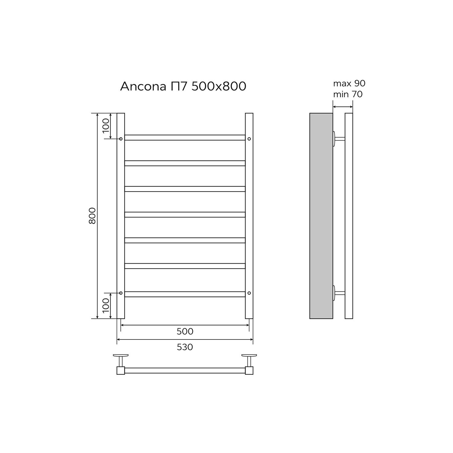 Полотенцесушитель водяной AZARIO ANCONA 500/800 квадрат, 7 секций, нижнее/диагональное подключение, 1/2", хром (AZ75558) — изображение 5