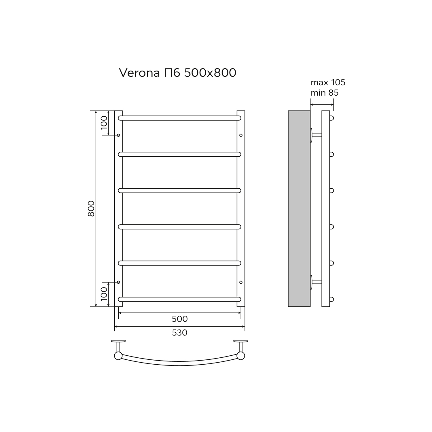 Полотенцесушитель водяной AZARIO VERONA 500/800 6 секций, нижнее/диагональное подключение, 1/2", хром (AZ04158) — изображение 5