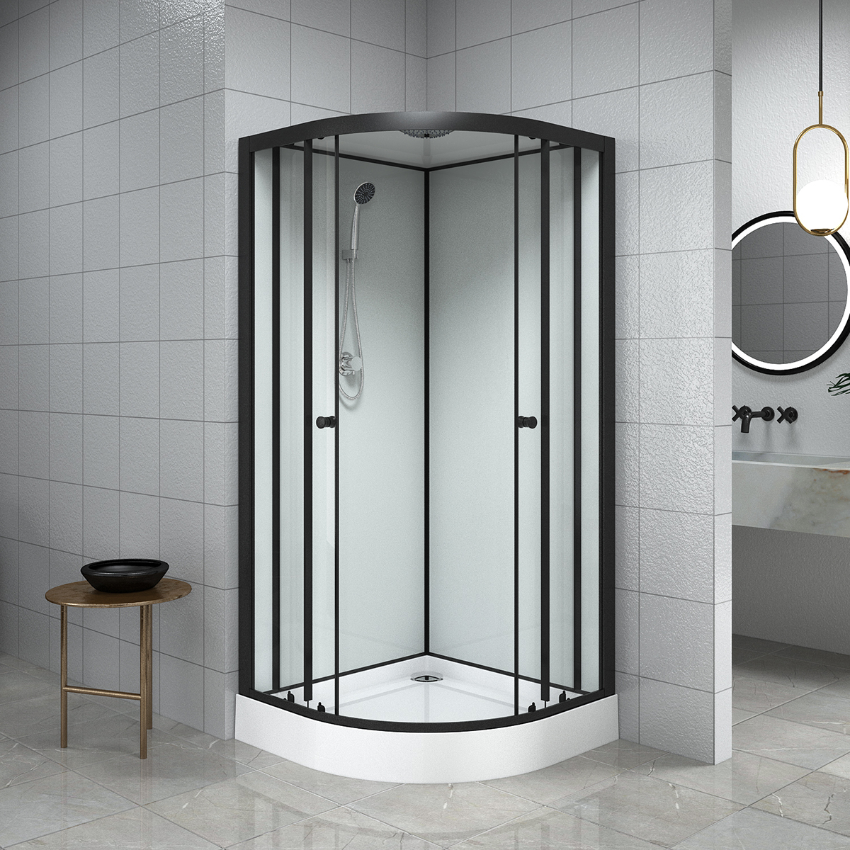 Душевая кабина Loranto NEO 90x90x(190+15) с низким поддоном 15см, прозрачное закаленное стекло 5 мм, задниt стеклянные стенки белые, профиль черный-матовый (CS-22109) — изображение 2