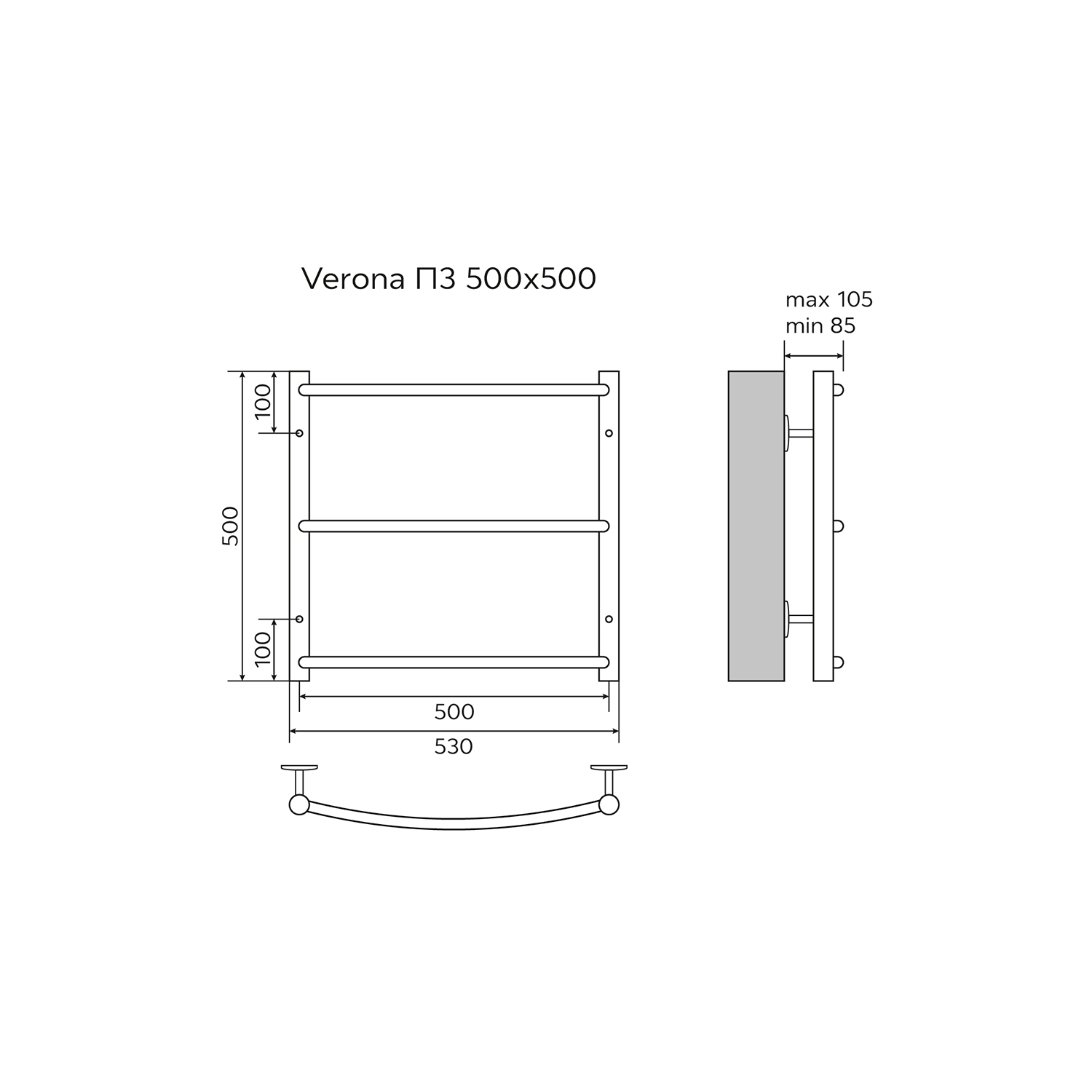 Полотенцесушитель водяной AZARIO VERONA 500/500 3 секции, нижнее/диагональное подключение, 1/2", хром (AZ04155) — изображение 5