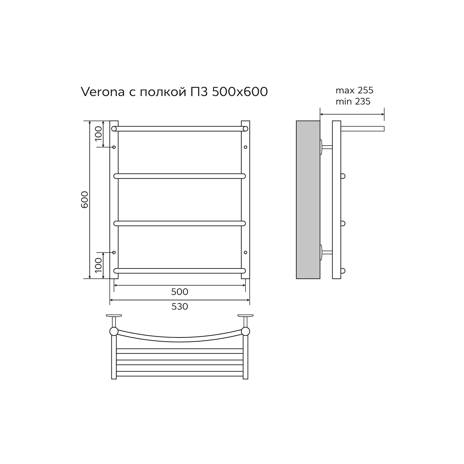 Полотенцесушитель водяной AZARIO VERONA 500/600 с полкой, 3 секции, нижнее/диагональное подключение, 1/2", хром (AZ04156P) — изображение 5