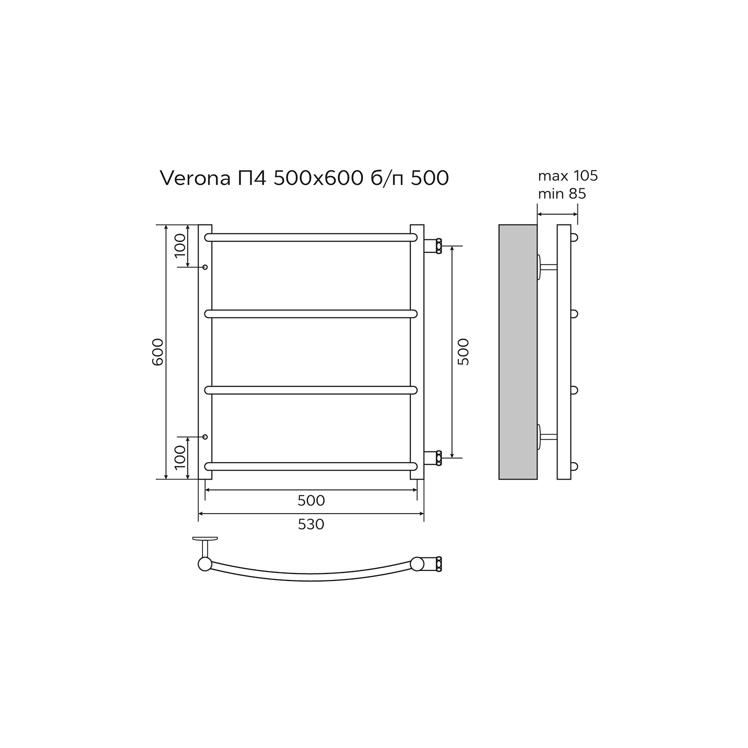 Полотенцесушитель водяной AZARIO VERONA 500/600 4 секции, боковое подключение, 1", хром (AZ04556) — изображение 5