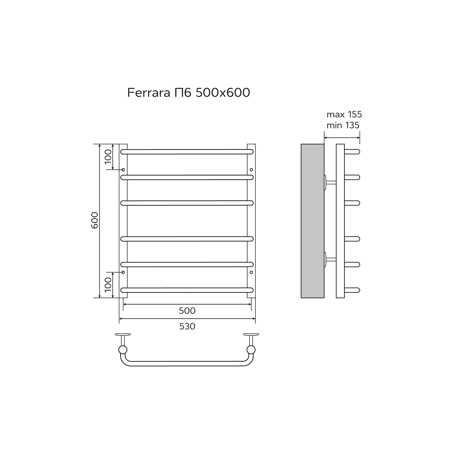 Полотенцесушитель водяной AZARIO FERRARA 500/600 6 секций, нижнее/диагональное подключение, 1/2", хром (AZ09156) — изображение 5