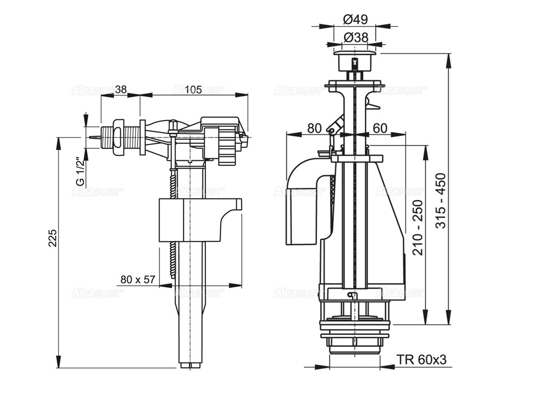 Выпускной комплект Alca Plast, с двойной кнопкой, подключение 1/2" (SA08AK 1/2" CHROM) — изображение 2