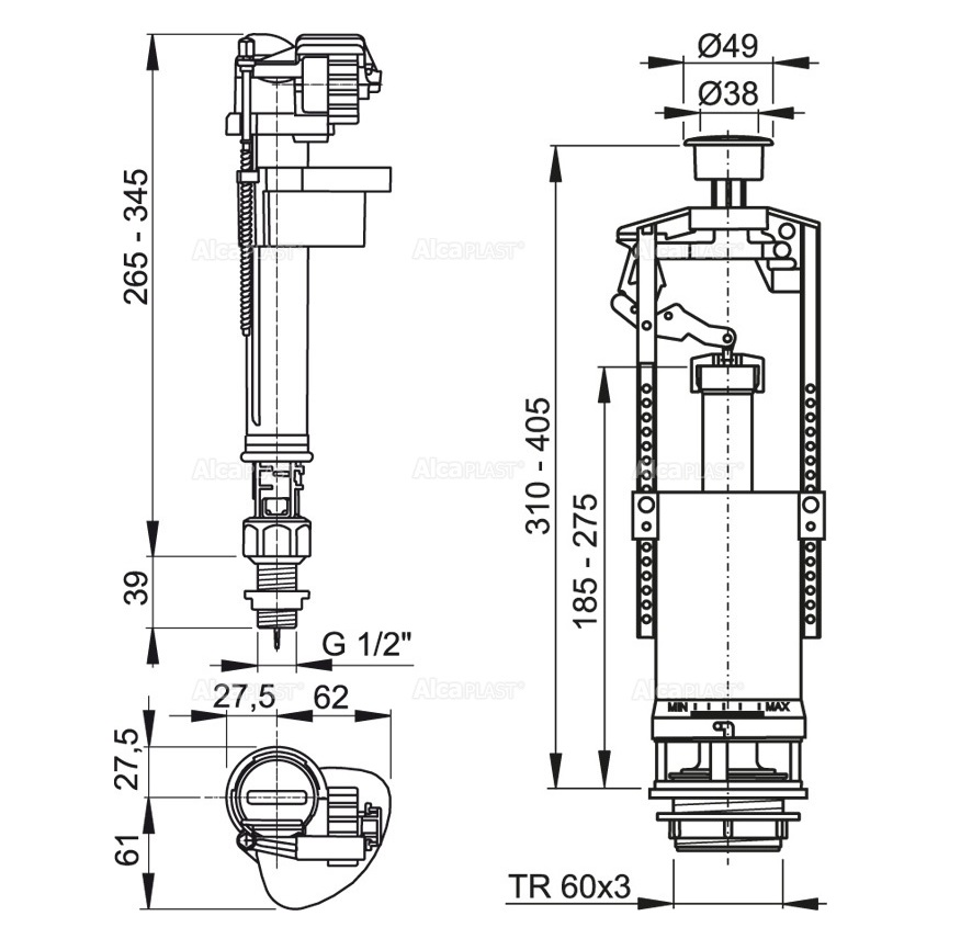Выпускной комплект со стоп кнопкой Alca Plast (SA2000SK 1/2" CHROM) — изображение 2