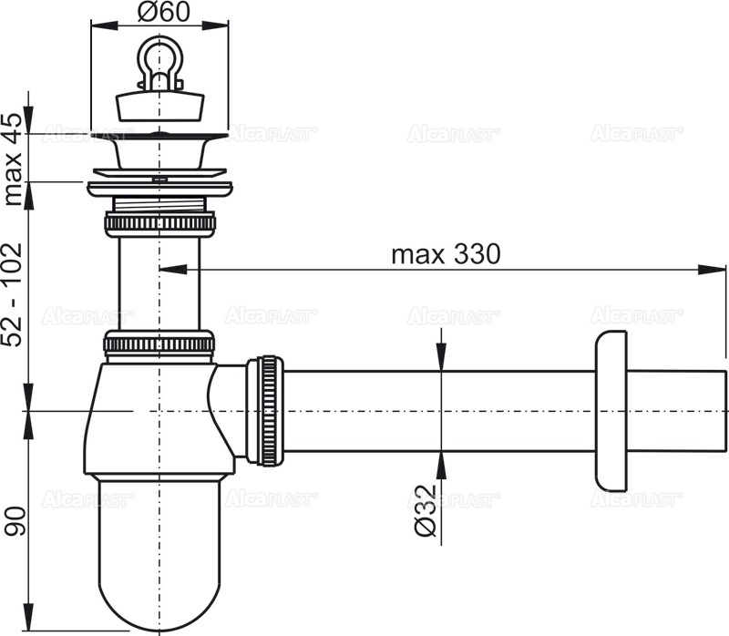 Сифон для раковины Alcadrain 32 мм, цельнометаллический, с водосливом 5/4", хром (A437) — изображение 2